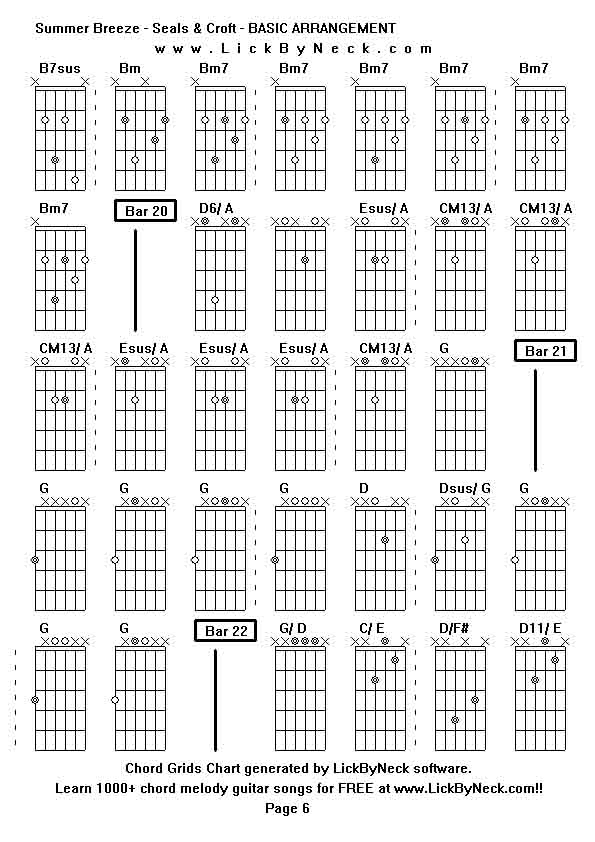 Chord Grids Chart of chord melody fingerstyle guitar song-Summer Breeze - Seals & Croft - BASIC ARRANGEMENT,generated by LickByNeck software.